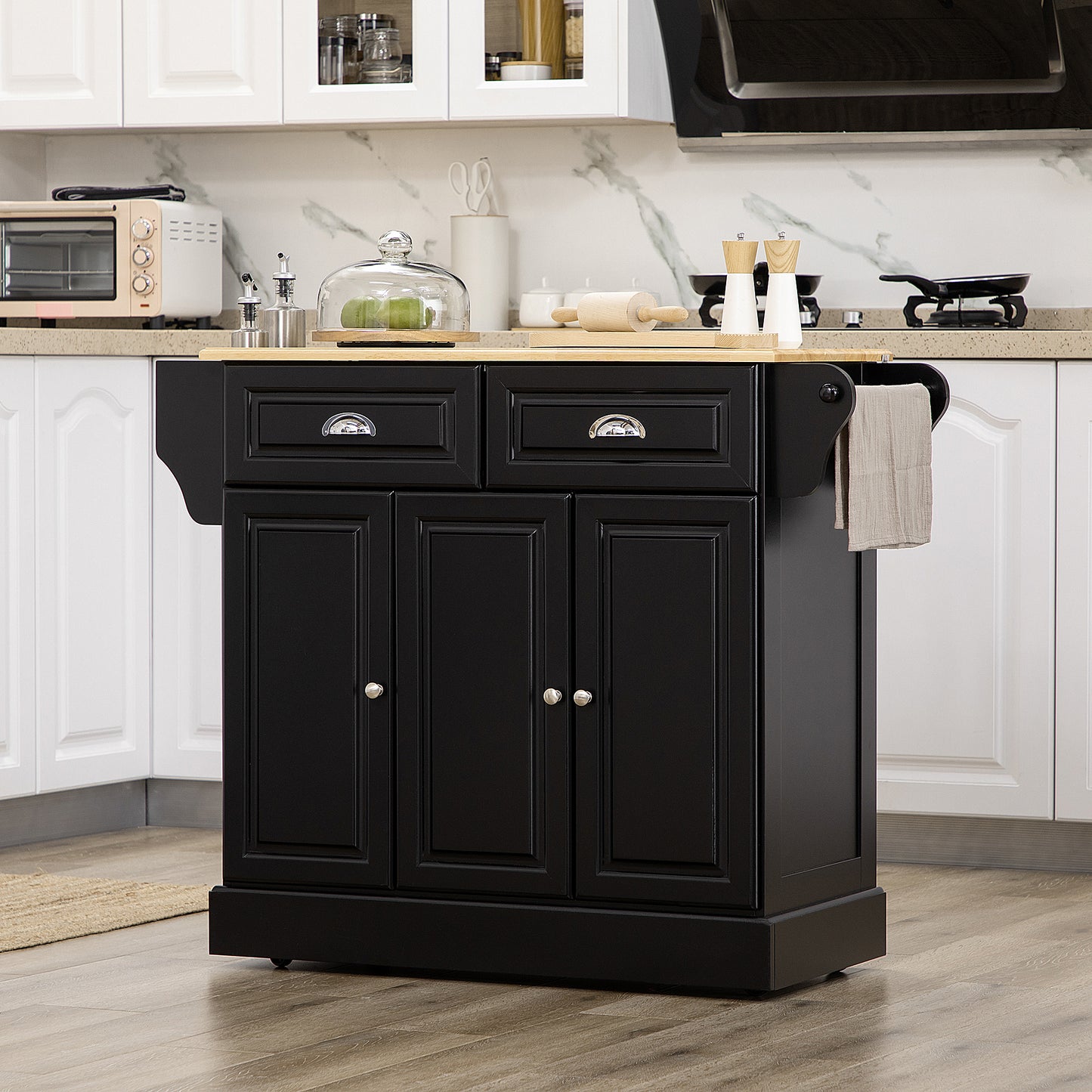Black kitchen island with wooden countertop two drawers and cabinet doors