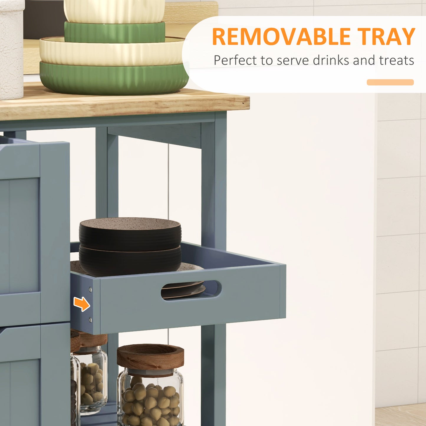 Blue kitchen cart with a removable tray and stacked bowls