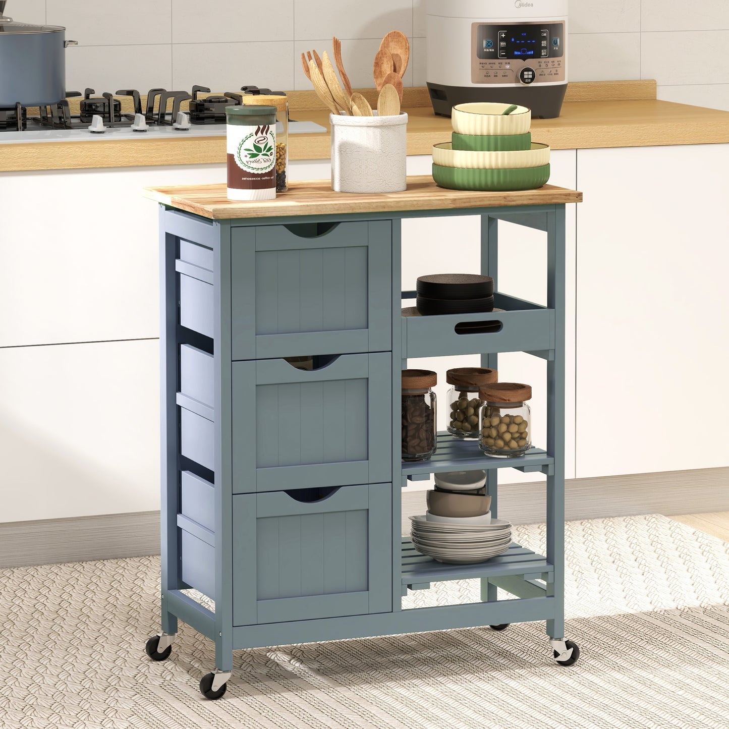 Blue kitchen island cart with wooden top drawers and shelves for organized storage