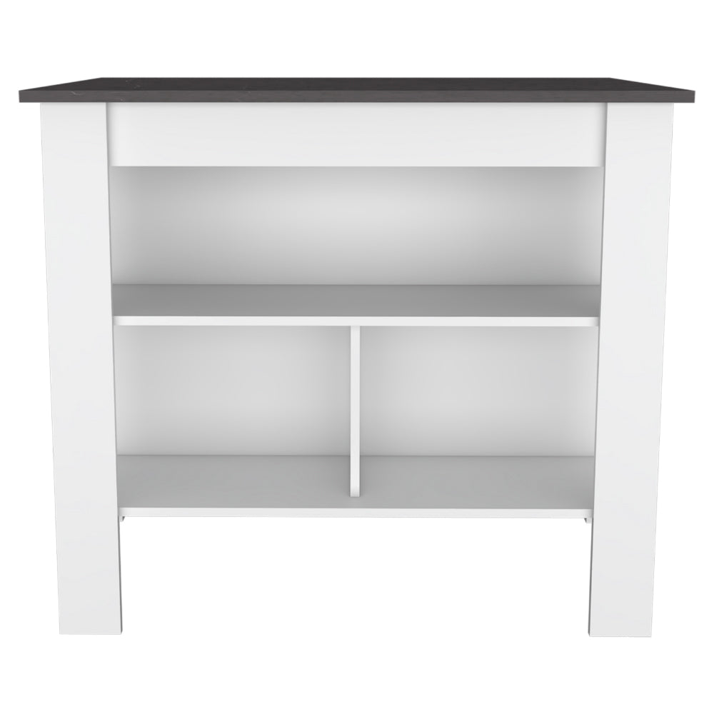 Modern white bookshelf with dark gray top