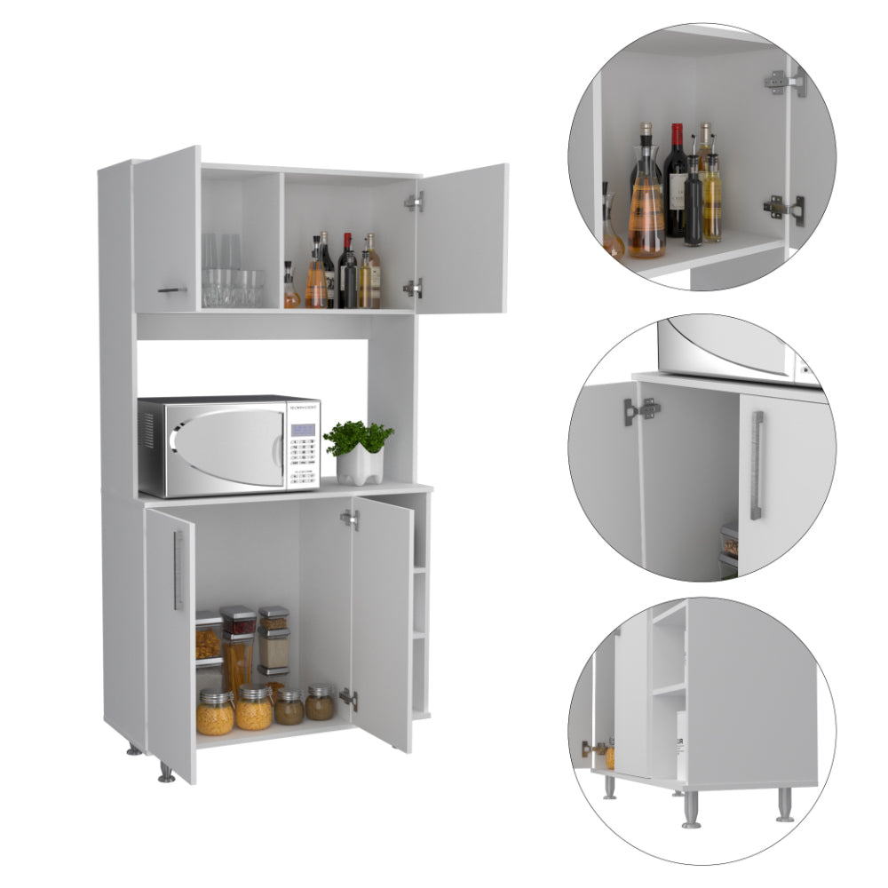 White kitchen cabinet with microwave shelf and storage compartments