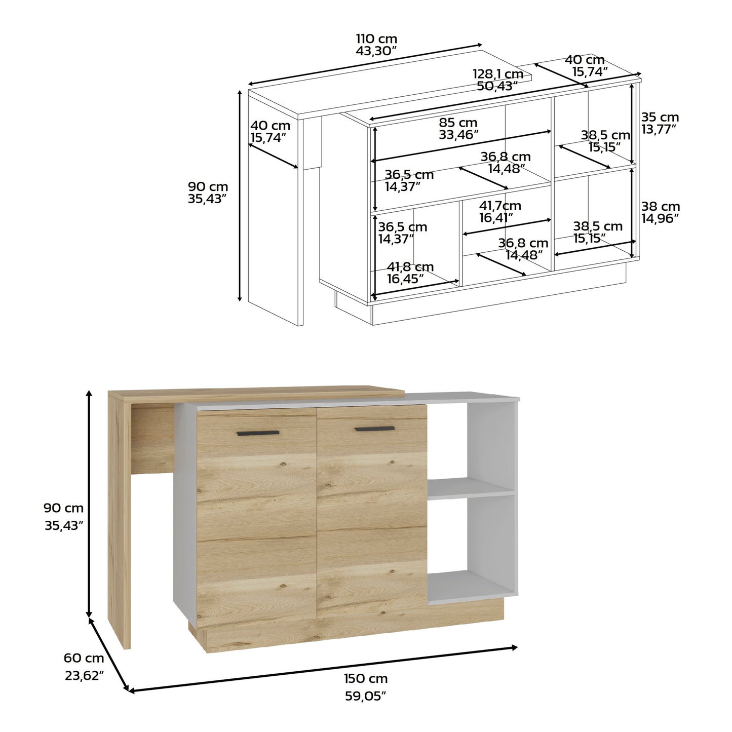 Modern oak and white sideboard with drawers and open shelves