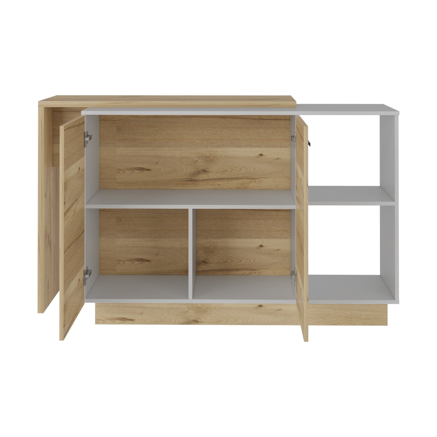 Modern white and oak wood sideboard with open doors and shelves