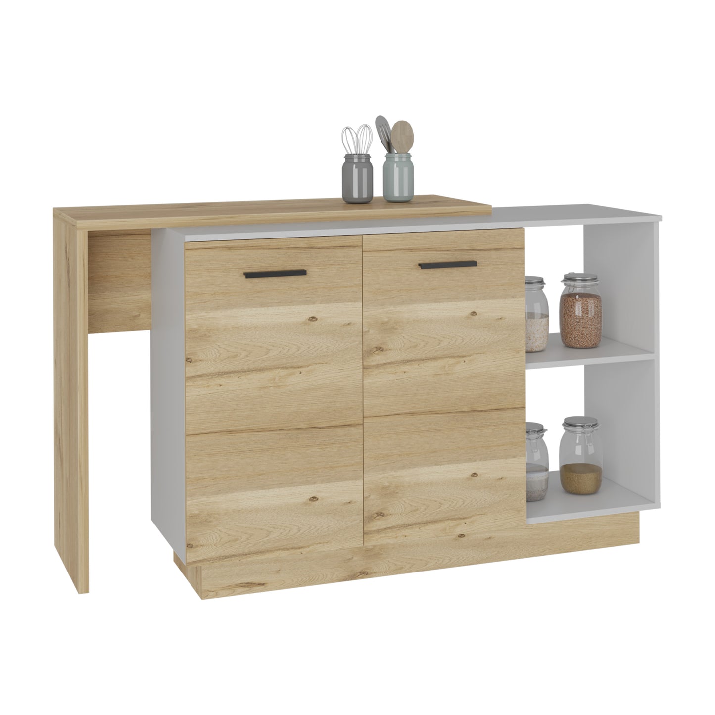 Contemporary wood sideboard with white accents and integrated breakfast bar