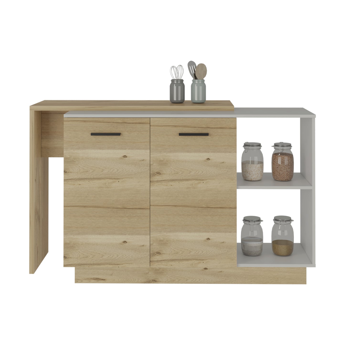Modern kitchen island with twotone wood finish and open shelving displaying storage jars