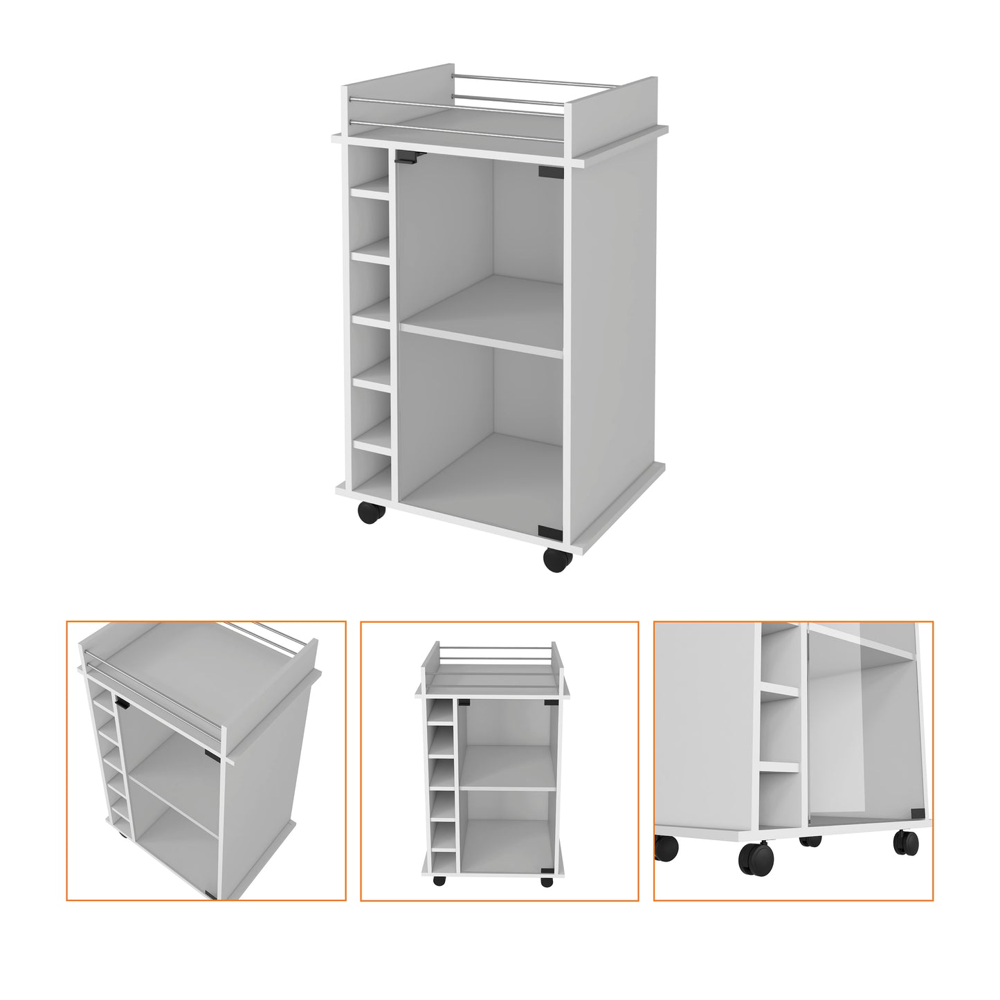 White mobile serving cart with wine rack and open shelving
