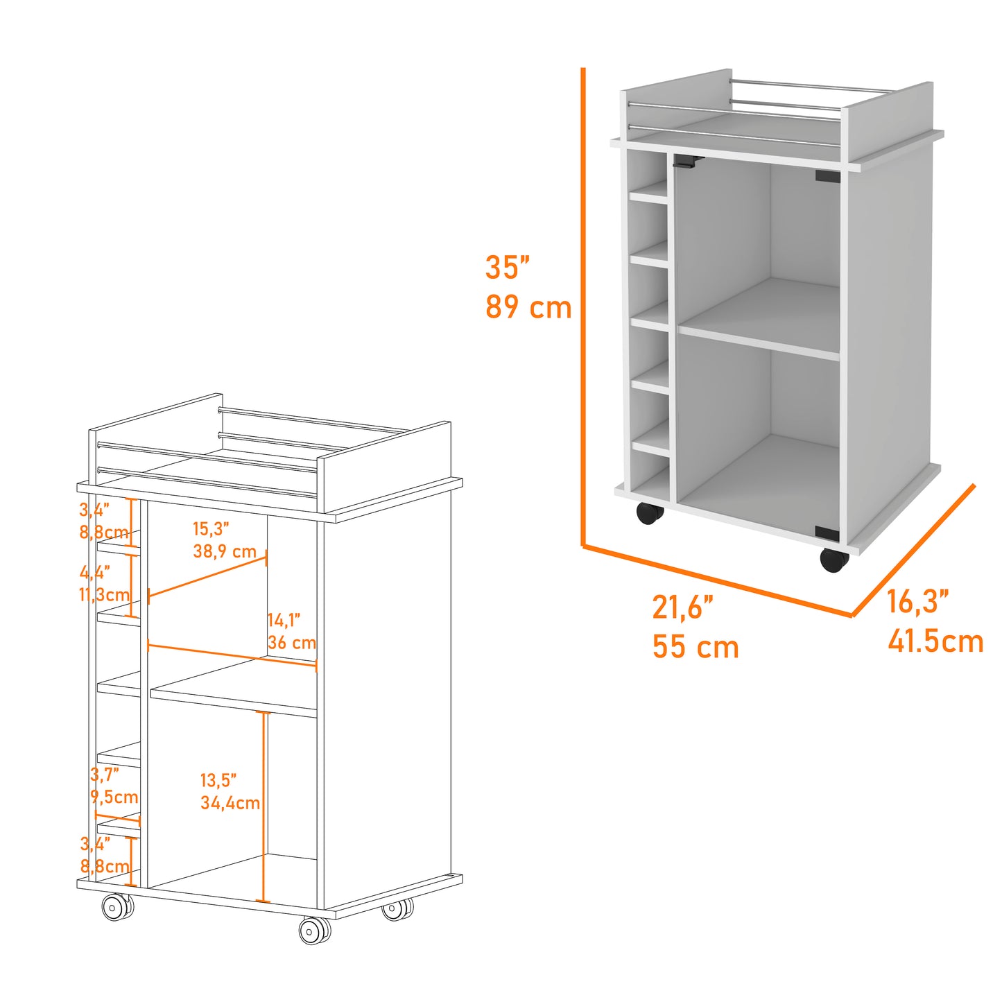 White rolling kitchen cart with multilevel shelving and metal rails