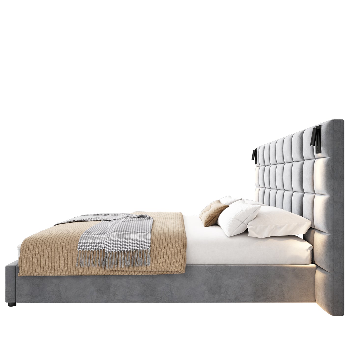 Grey upholstered tufted bed with a tan blanket and plaid throw