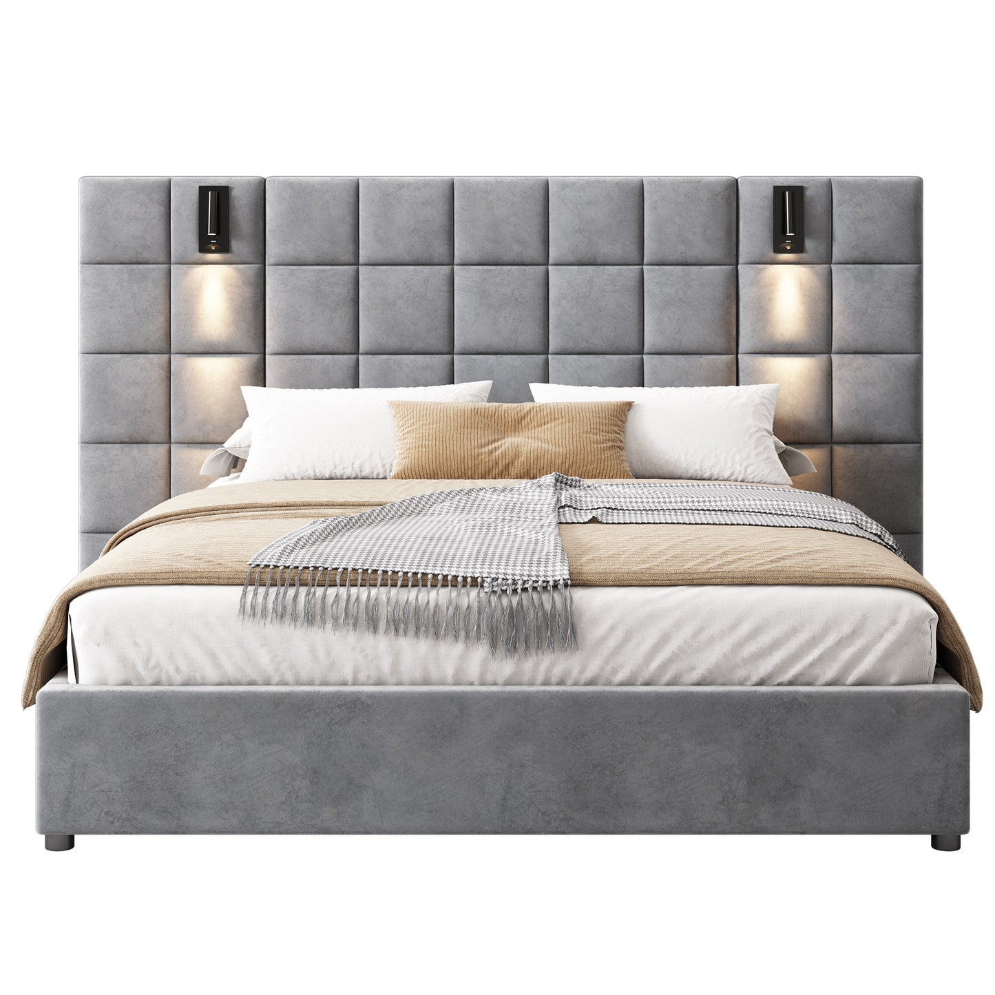 Modern upholstered grey bed frame with integrated wall lights and plush bedding