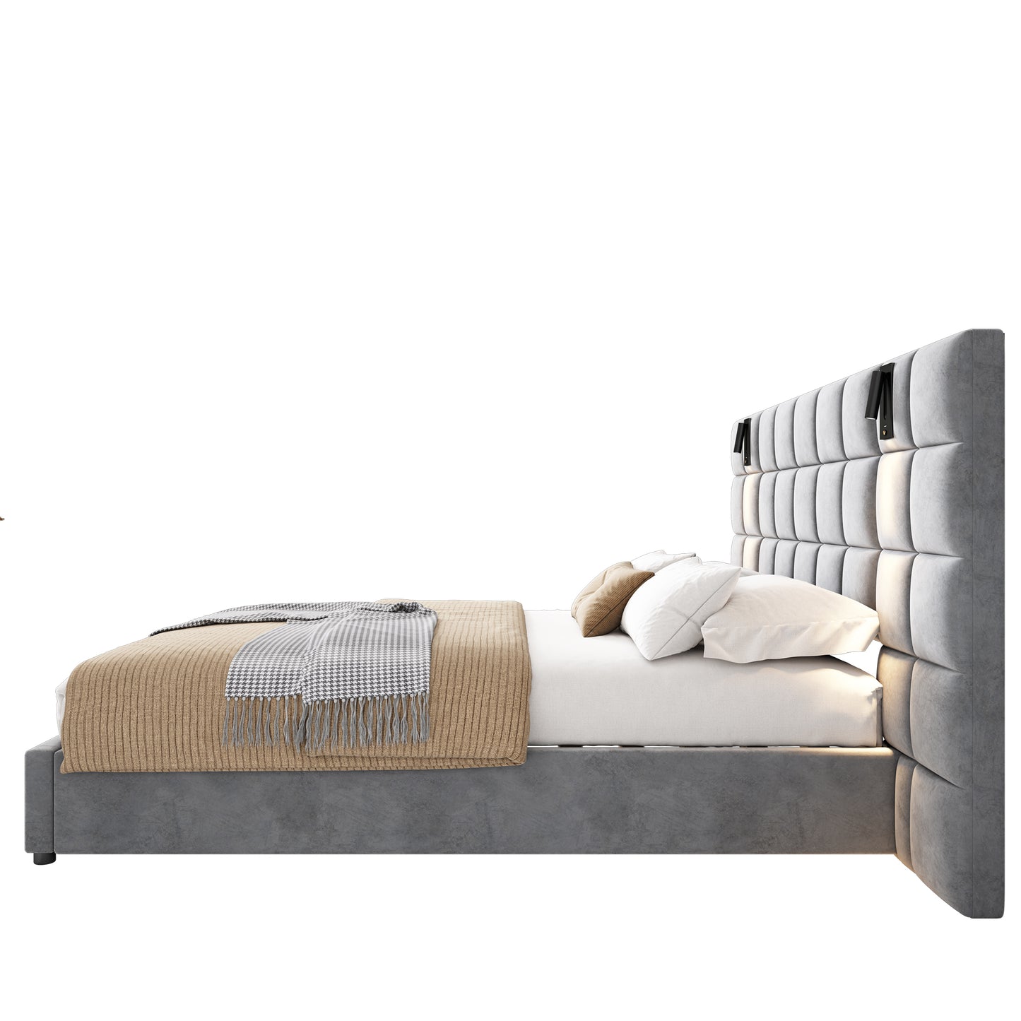 Plush grey upholstered bed frame with tufted headboard and warm knit bedding