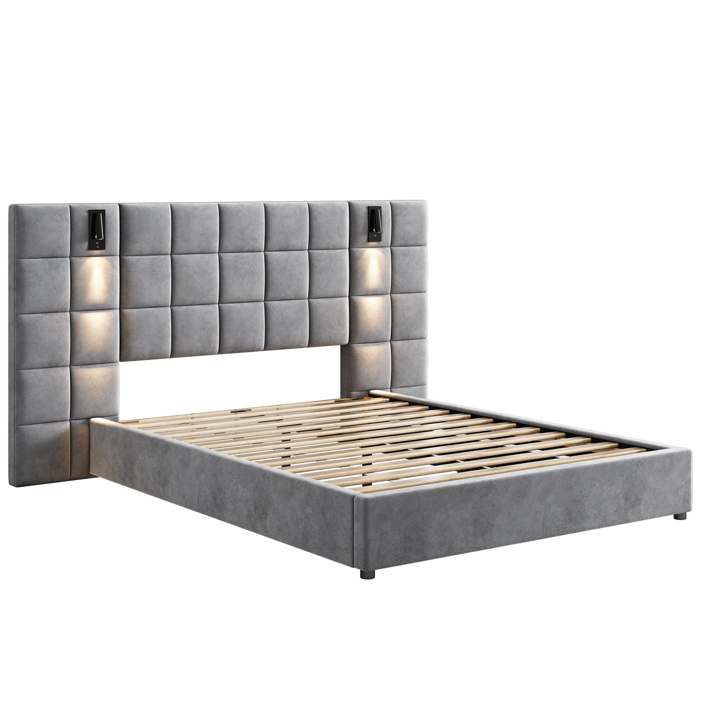 Gray upholstered bed frame with a tufted headboard and integrated wall lights