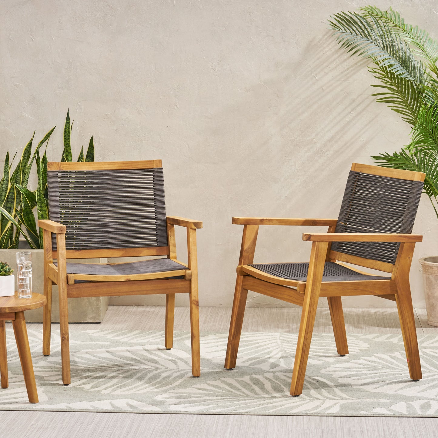 TREATLIFE HOME Set of 2 Transitional Dining Chairs with Rope Weave Design, Durable Acacia Wood, Dark Grey Finish