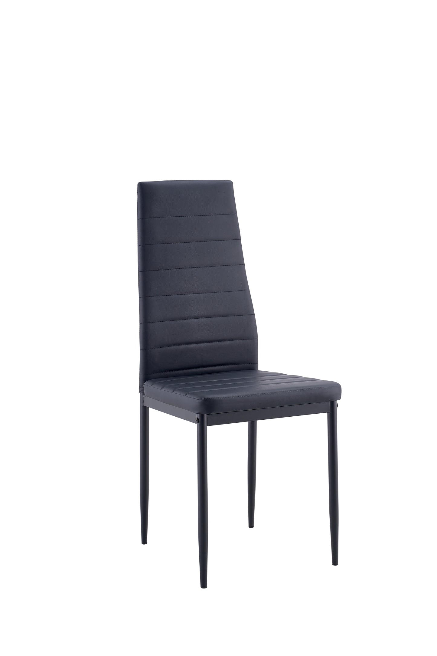 Dark grey faux leather dining chair with horizontal stitching on seat and back