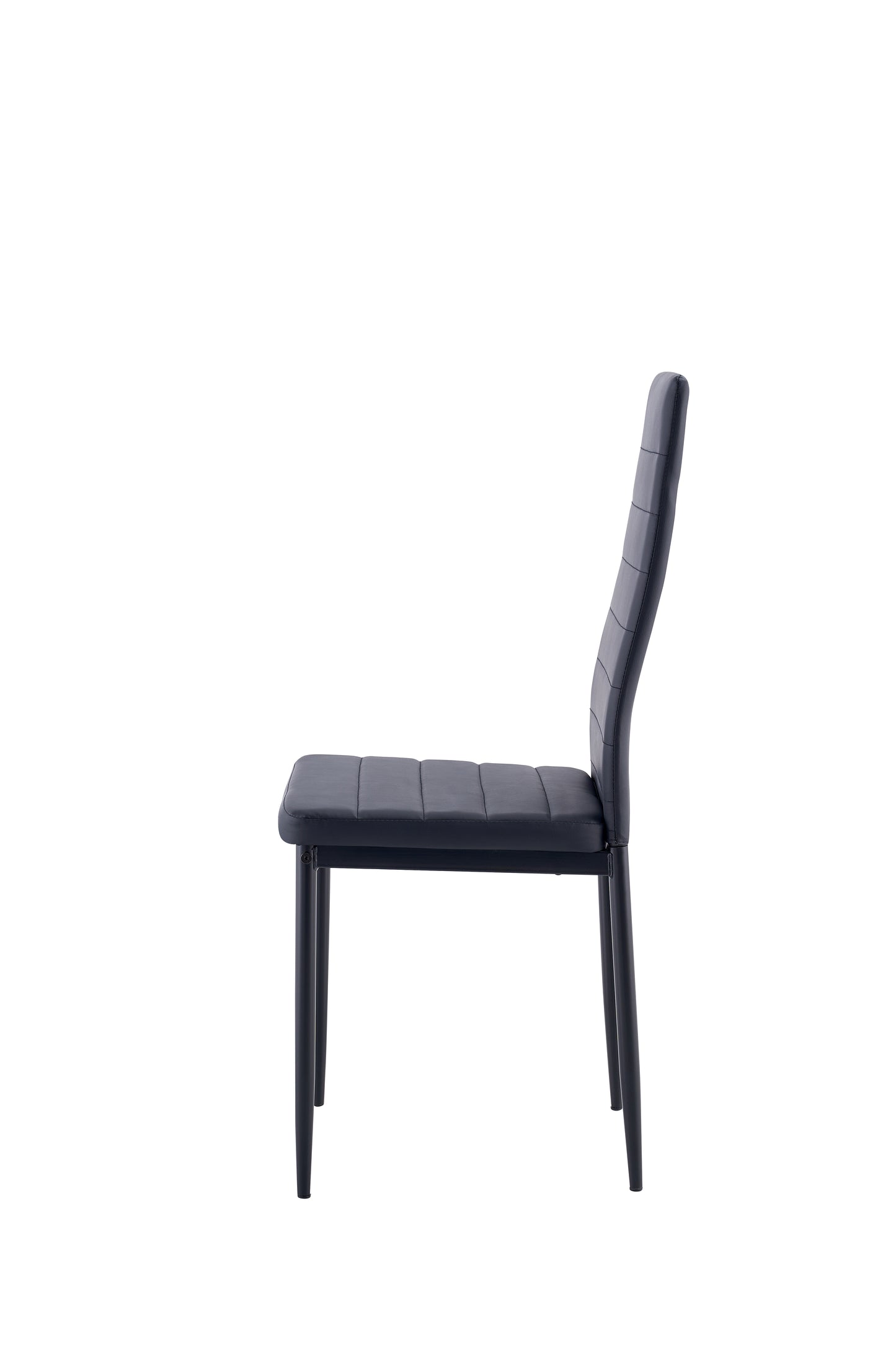 Black upholstered dining chair with stitched detailing on seat and back