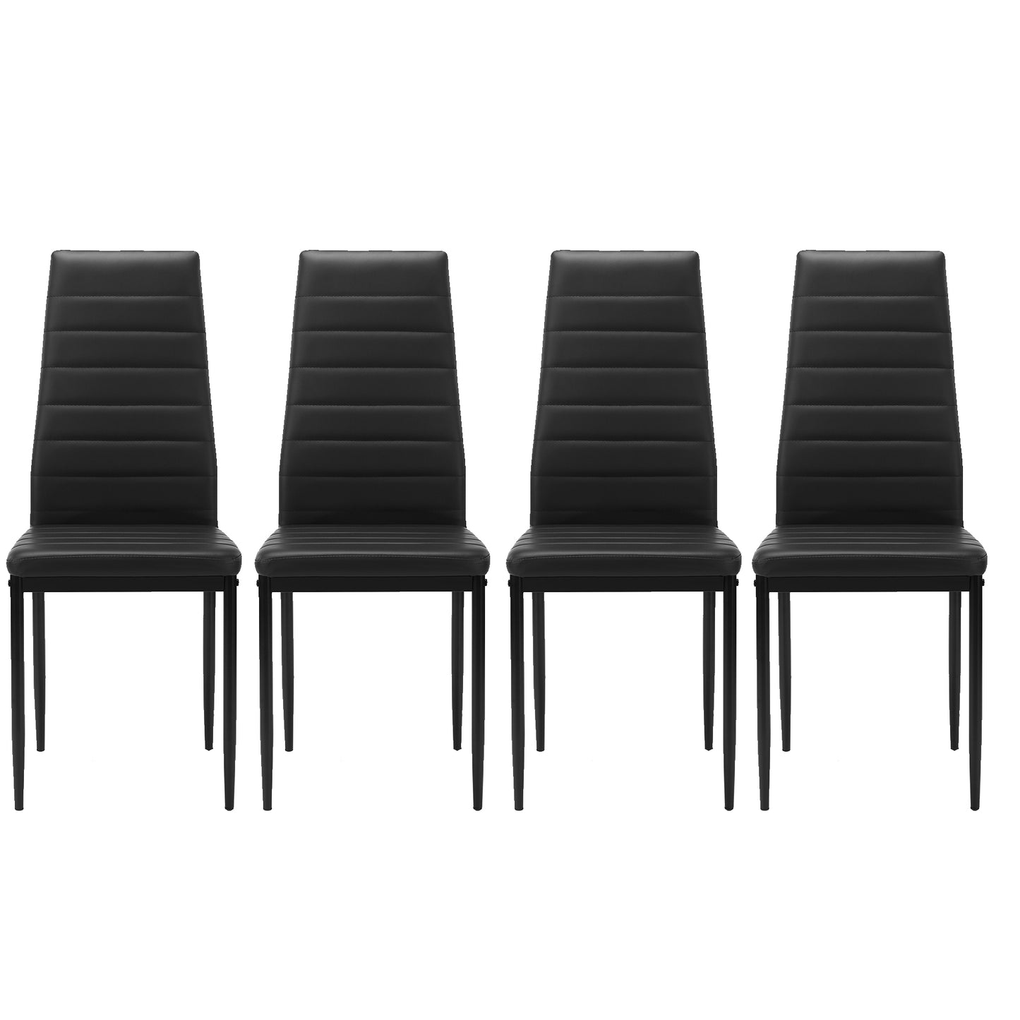 Four black faux leather dining chairs with horizontal stitching