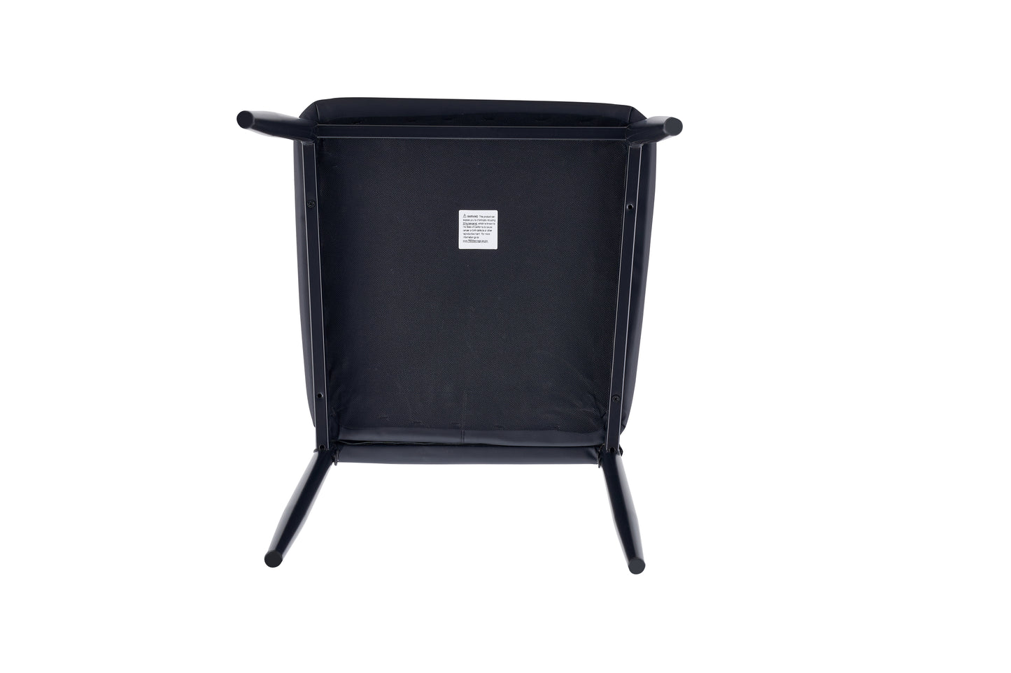 Black metal dining chair with fabric seat viewed from underneath on white background