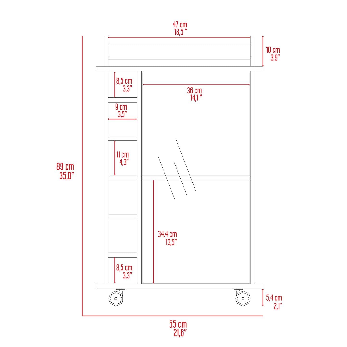 Shelving unit with multiple compartments and wheels