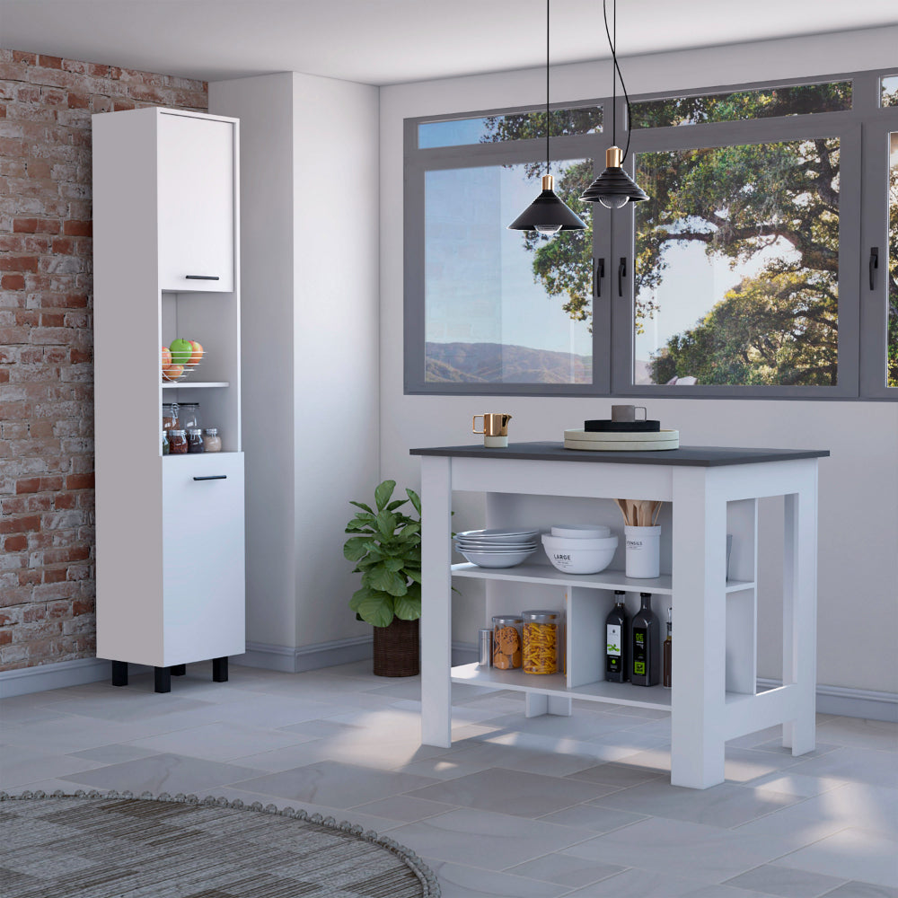 White kitchen island with dark countertop and open shelving