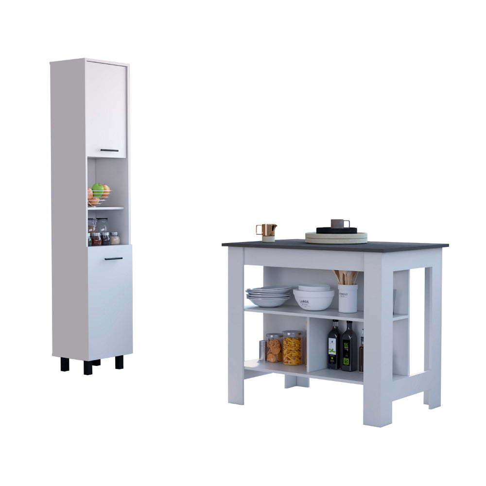 White tall kitchen cabinet with open shelves and fruit
