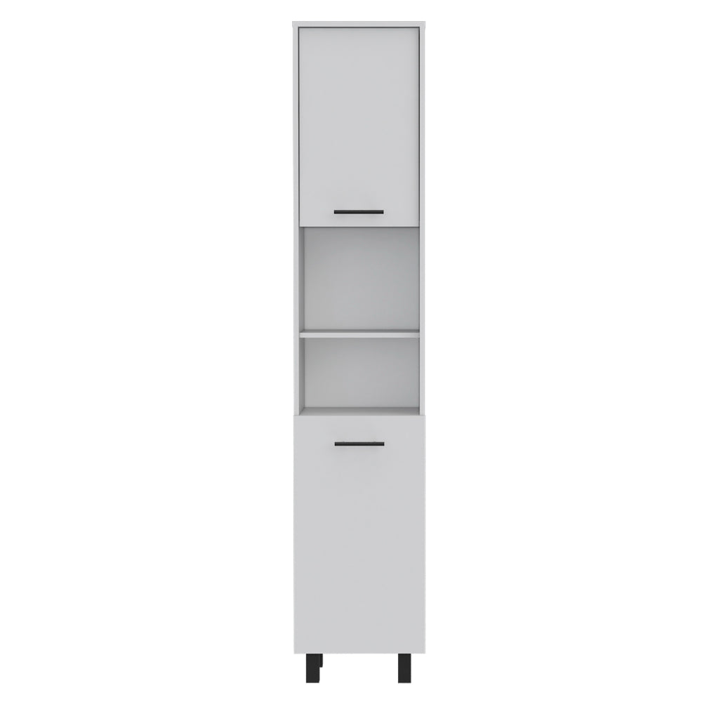 Tall white bathroom cabinet with two open shelves and one drawer