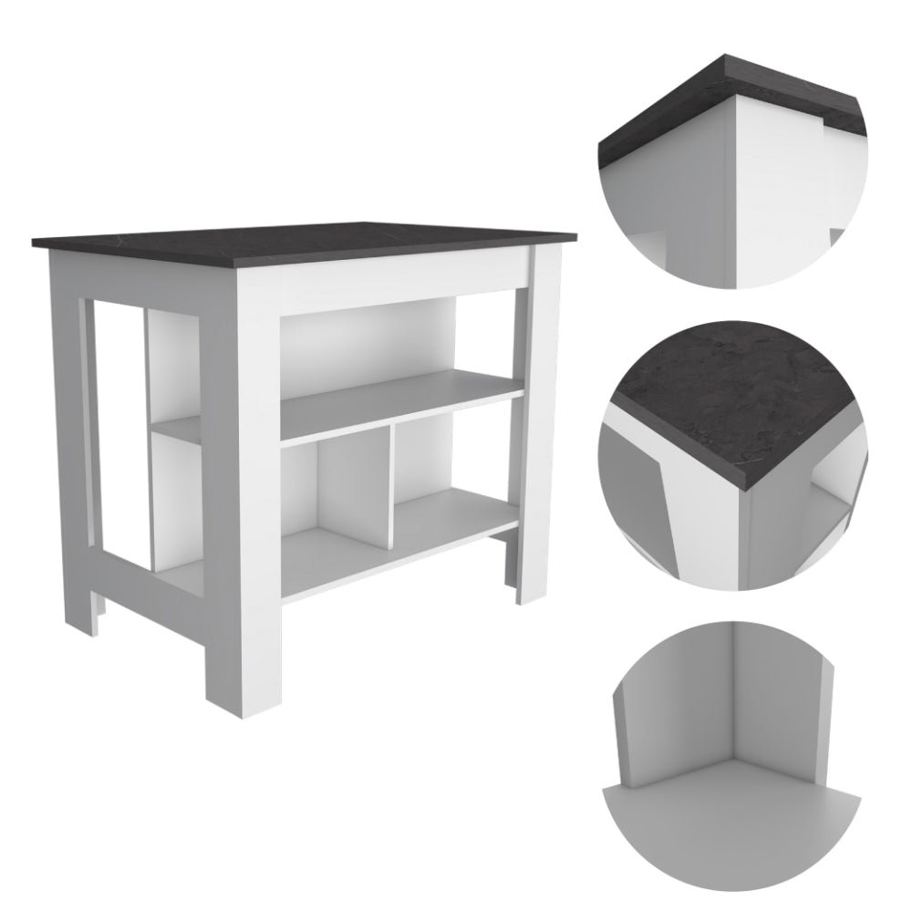 White kitchen island with dark countertop and open shelves