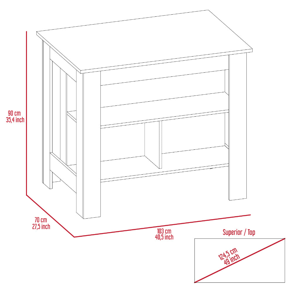 Line drawing of a white wooden kitchen island with dimensions shown