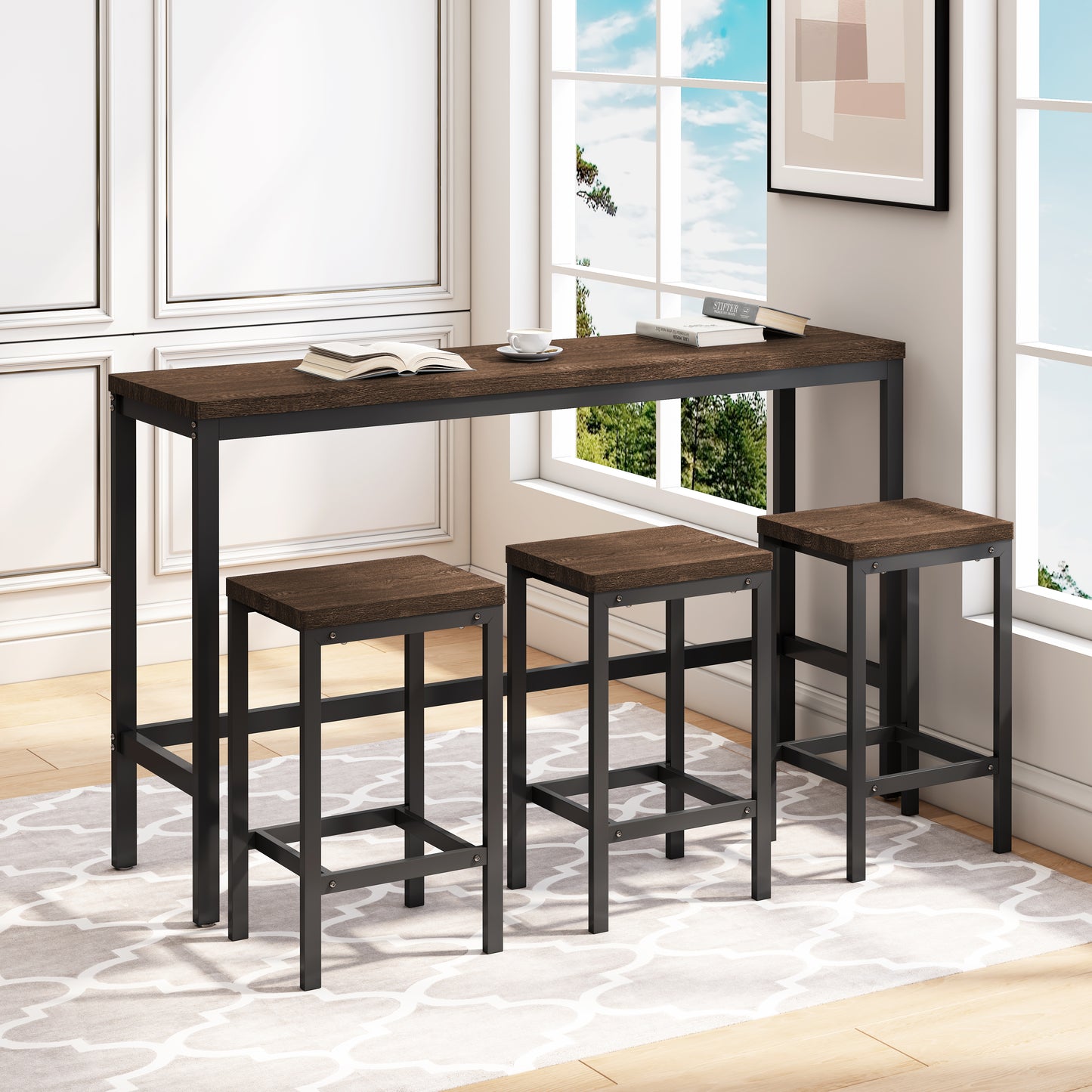 Dark wood pub table with black metal frame and three matching stools