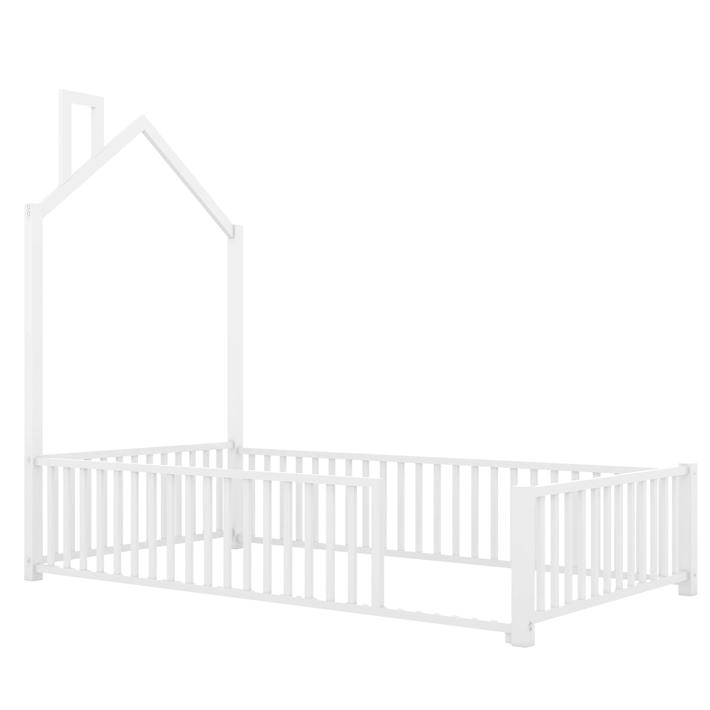 White wooden house bed frame with safety rails for toddlers