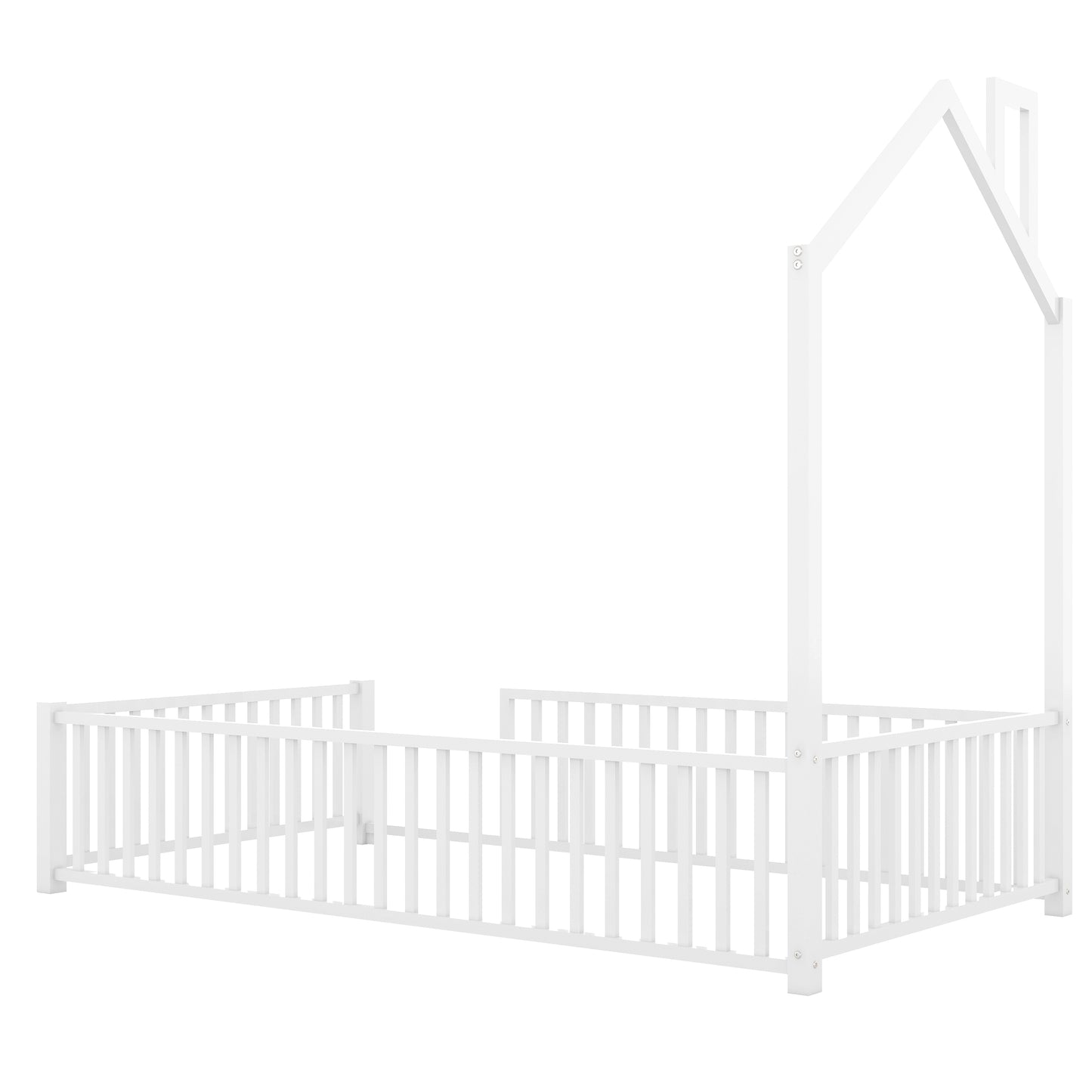 White wooden house bed frame with attached safety guardrail for toddler room