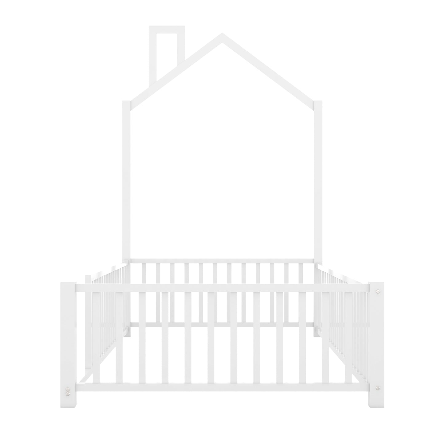 White wooden house bed frame with safety rails for toddlers