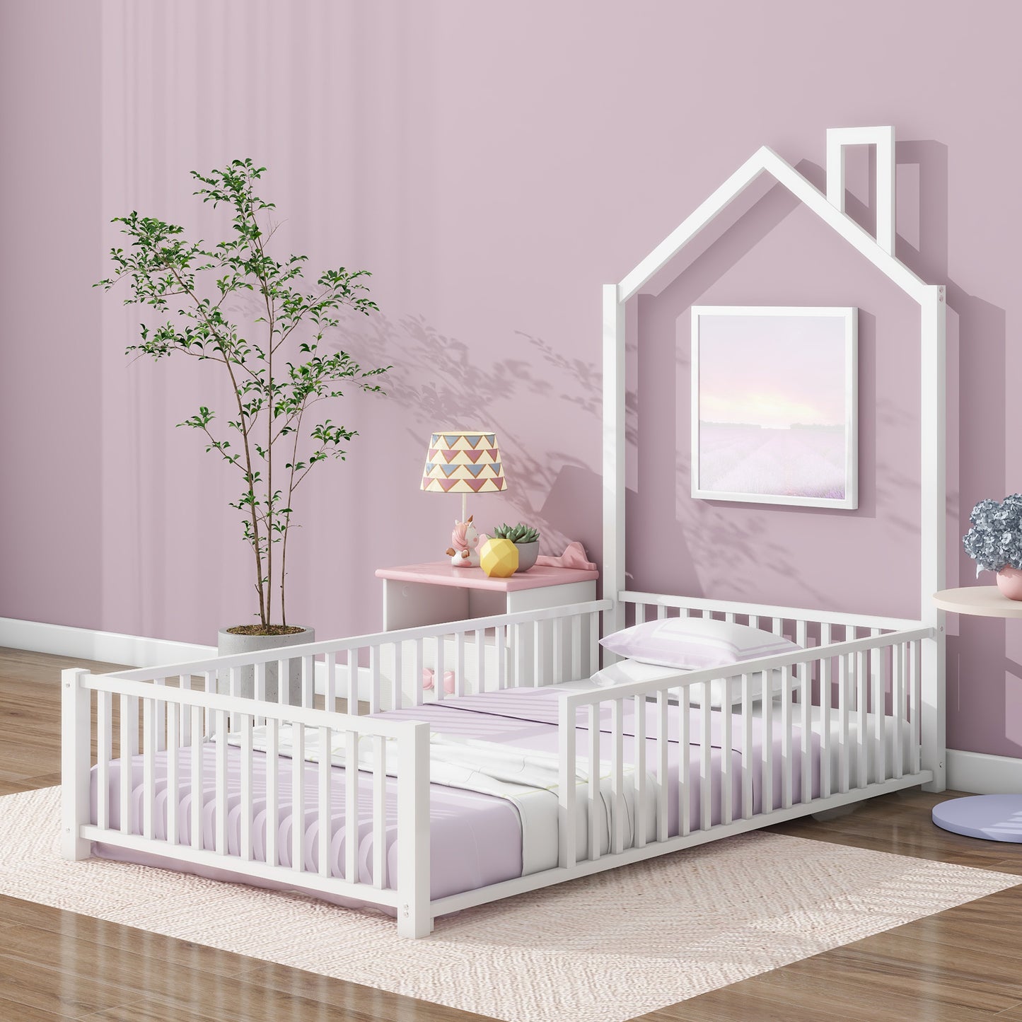 White wooden house bed for toddlers with lavender bedding and protective rails