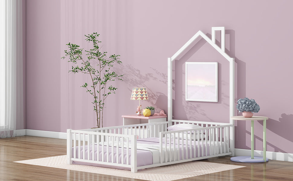 White wooden toddler bed with house frame and lavender bedding