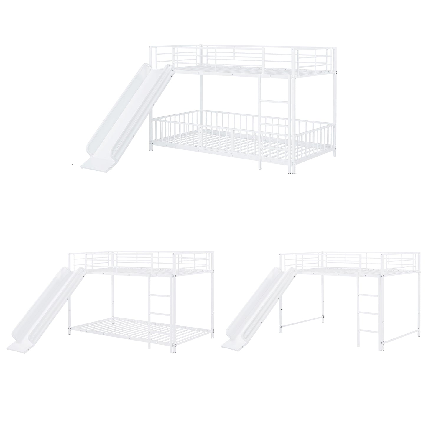 White metal twin over twin bunk bed with a slide