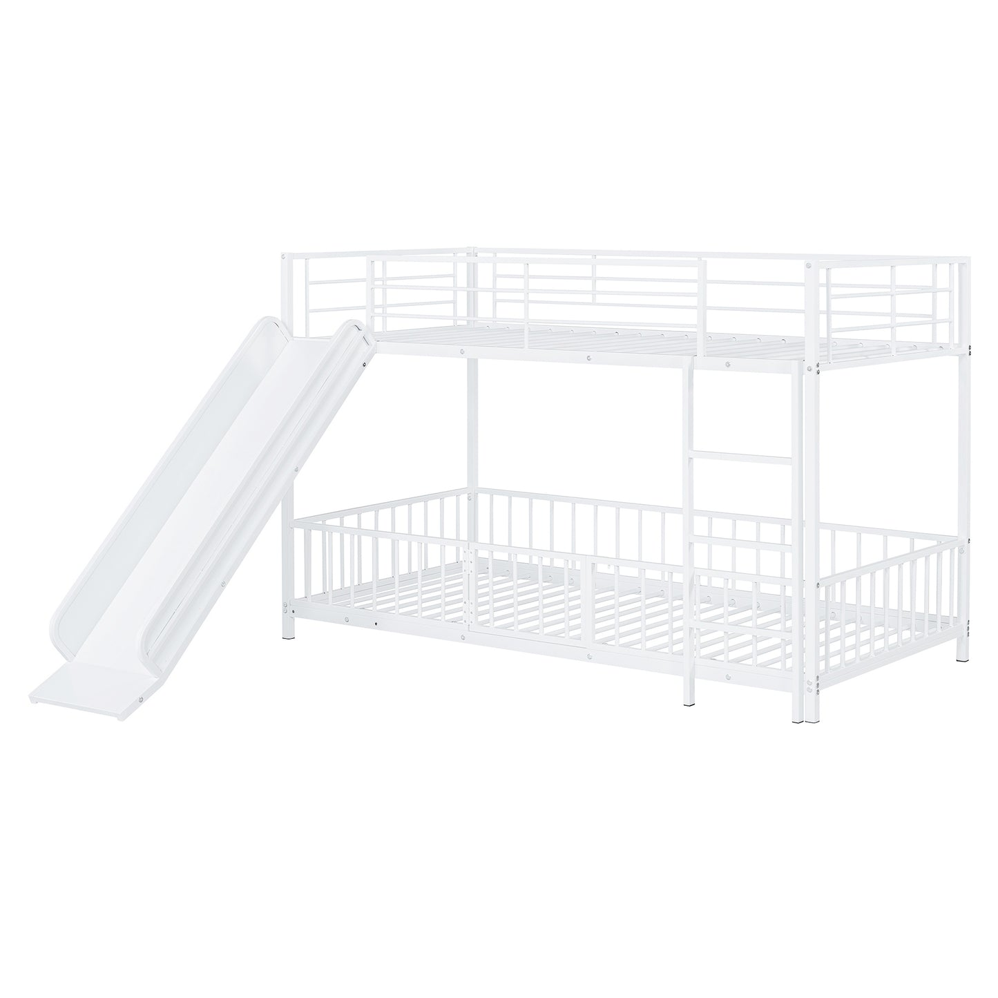 White metal twin over twin bunk bed with integrated slide