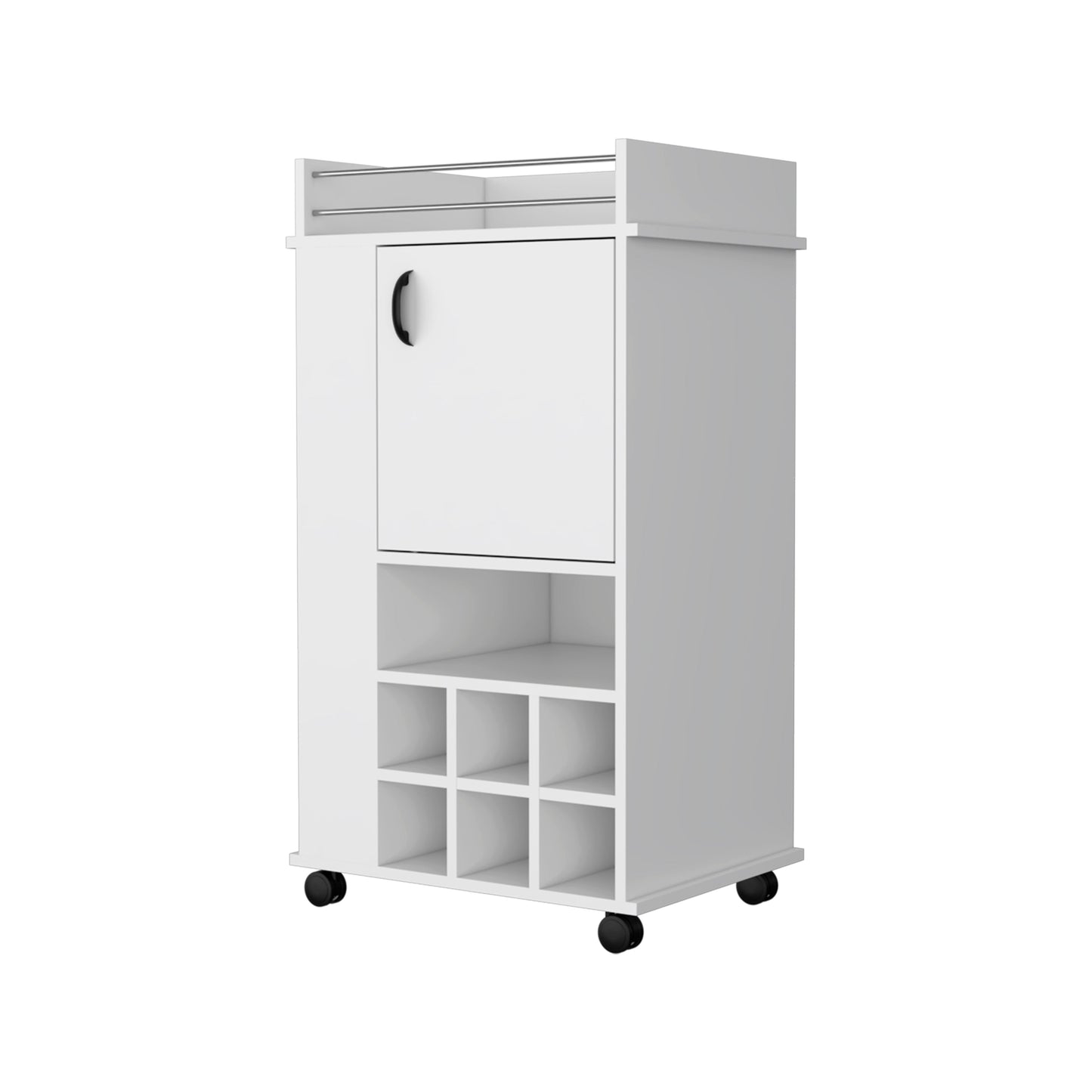 White rolling bar cart with wine cubbies and a closed cabinet