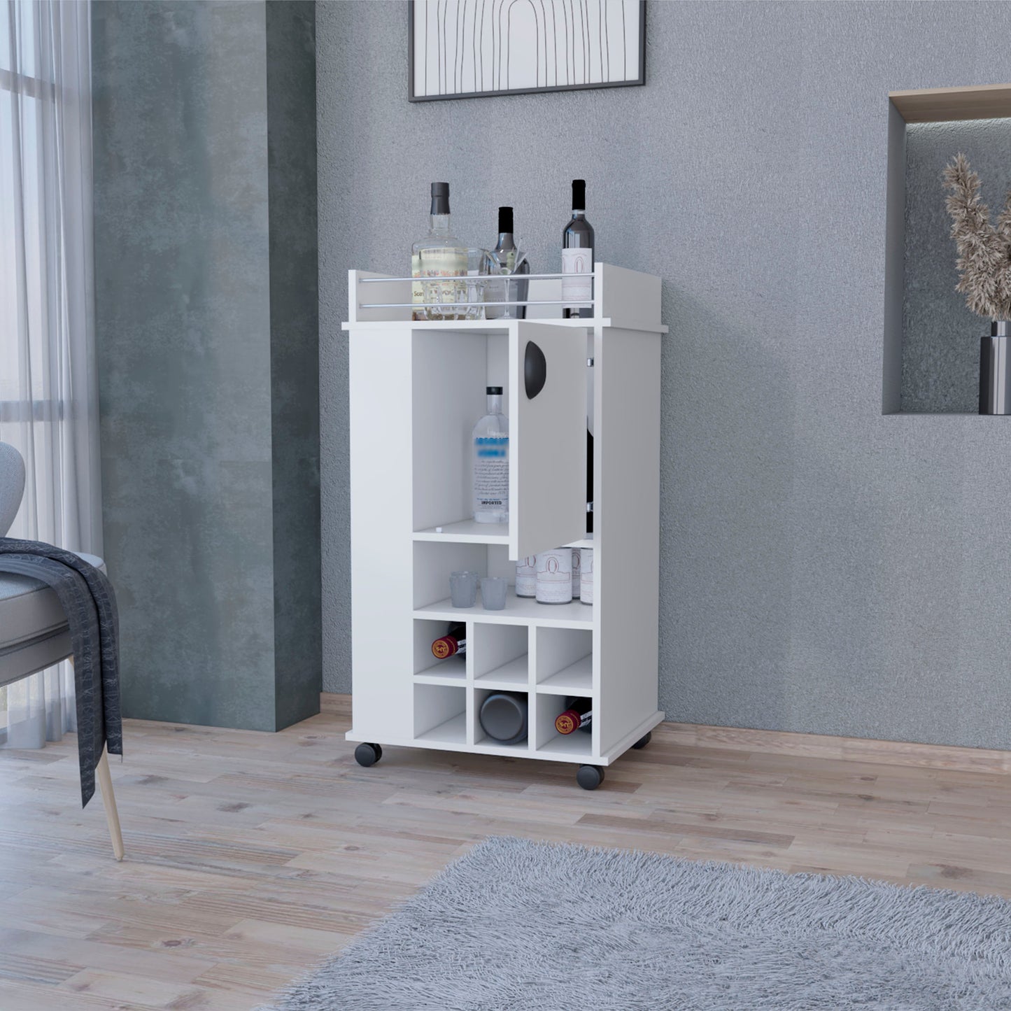 White bar cart with wine rack and bottle storage