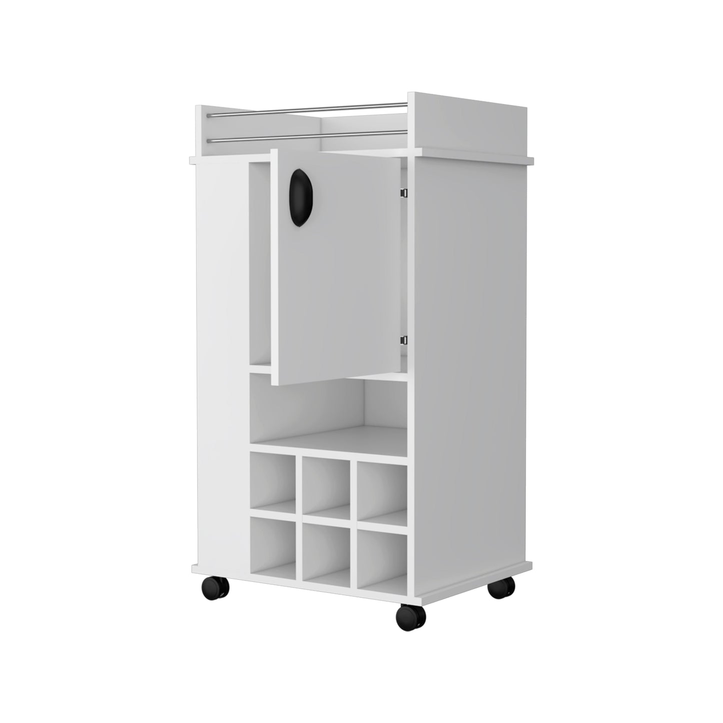 White rolling bar cart with wine rack and open cabinet door