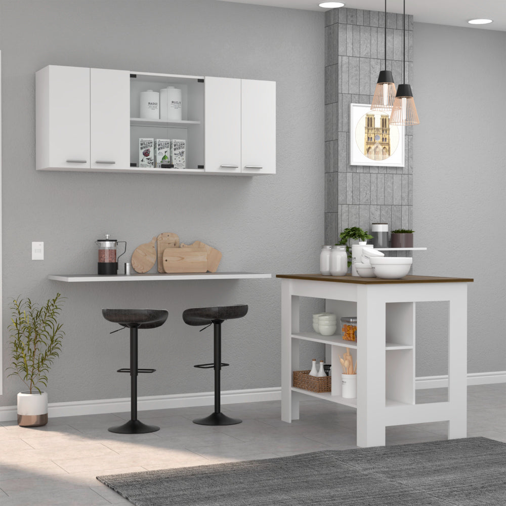 TREATLIFE HOME 2-Piece Kitchen Set with Island and Wall Cabinet, White and Walnut Finish