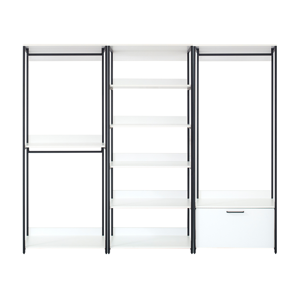 Modern modular shelving unit with black metal frame and white shelves
