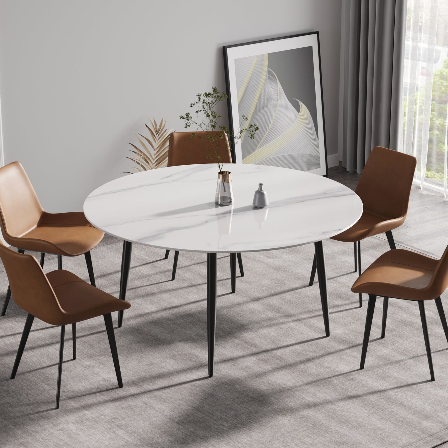 White marble dining table with brown leather chairs and black metal legs