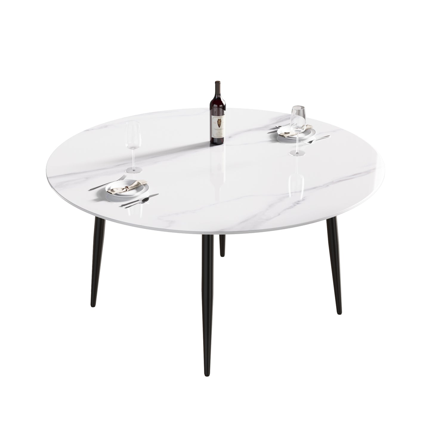 White marble top round dining table with black tapered legs