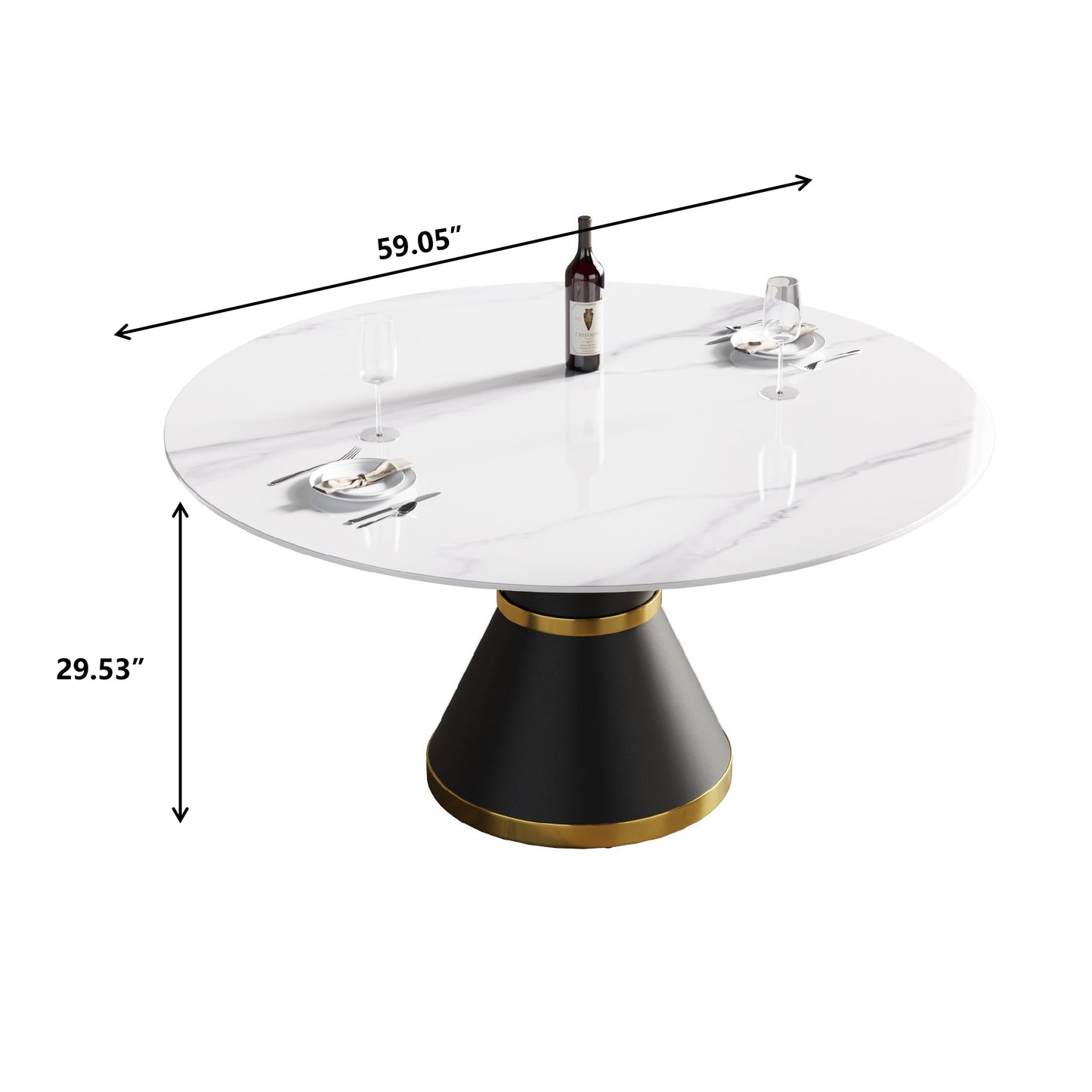White marble round dining table with black tapered base and gold accent