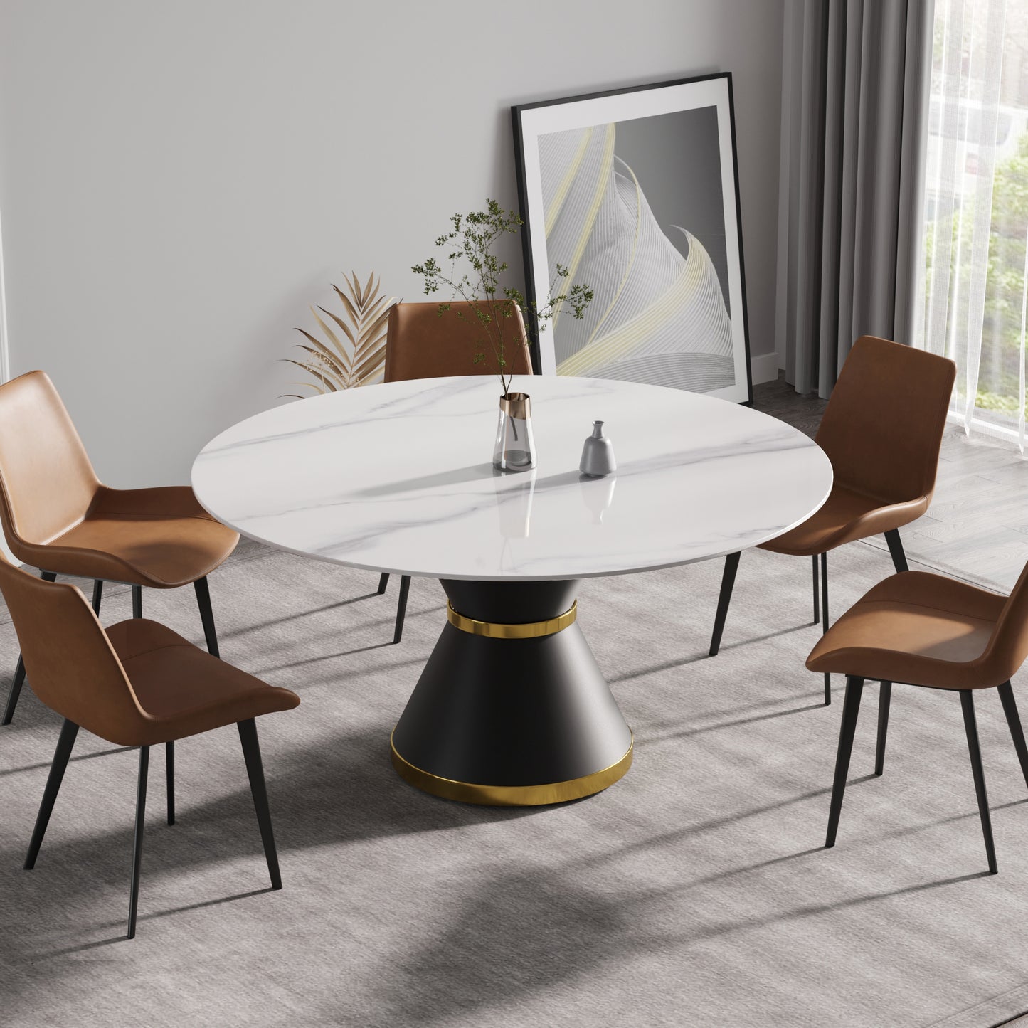 Round white marble dining table with black pedestal base and gold trim