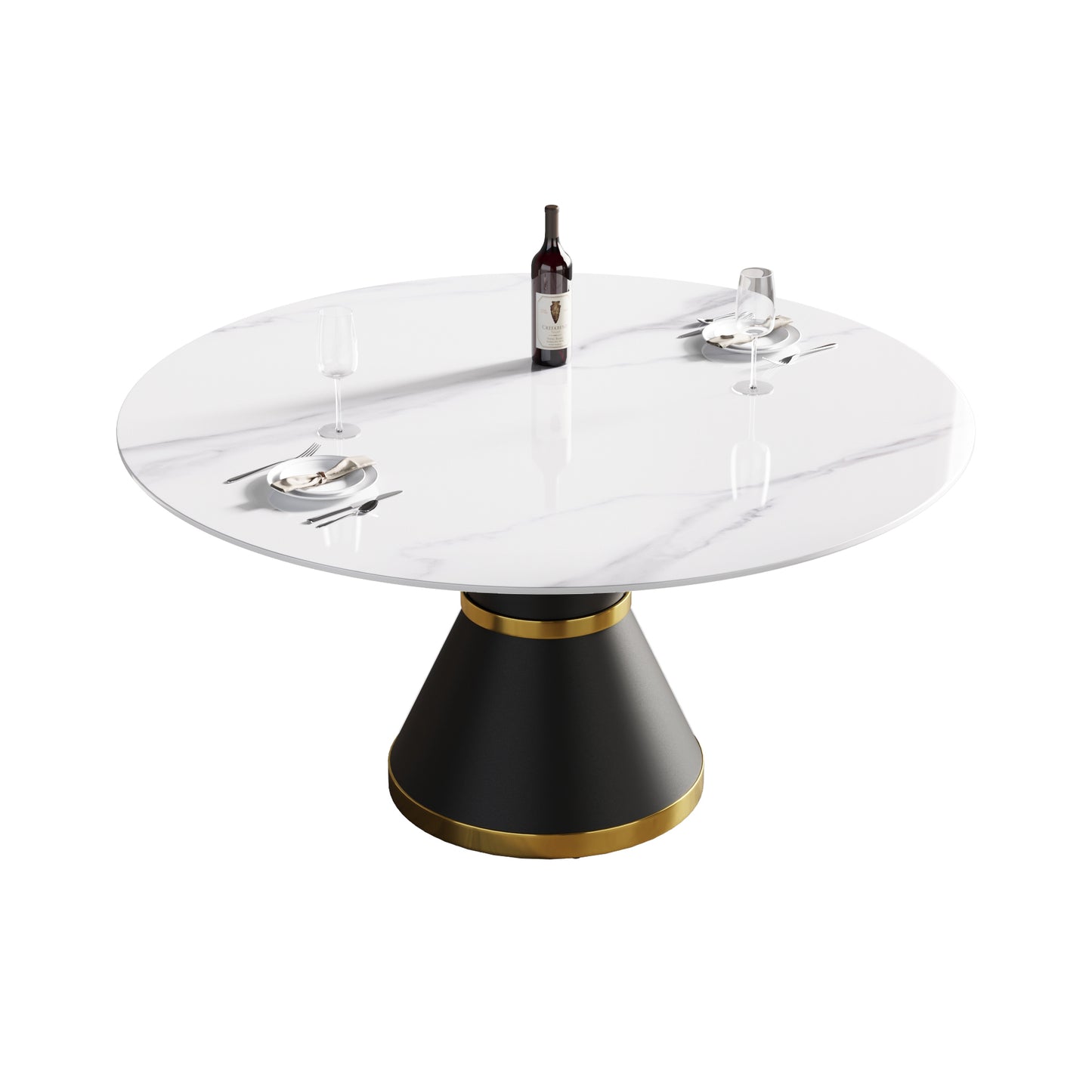 Round marble dining table with black pedestal base and gold trim