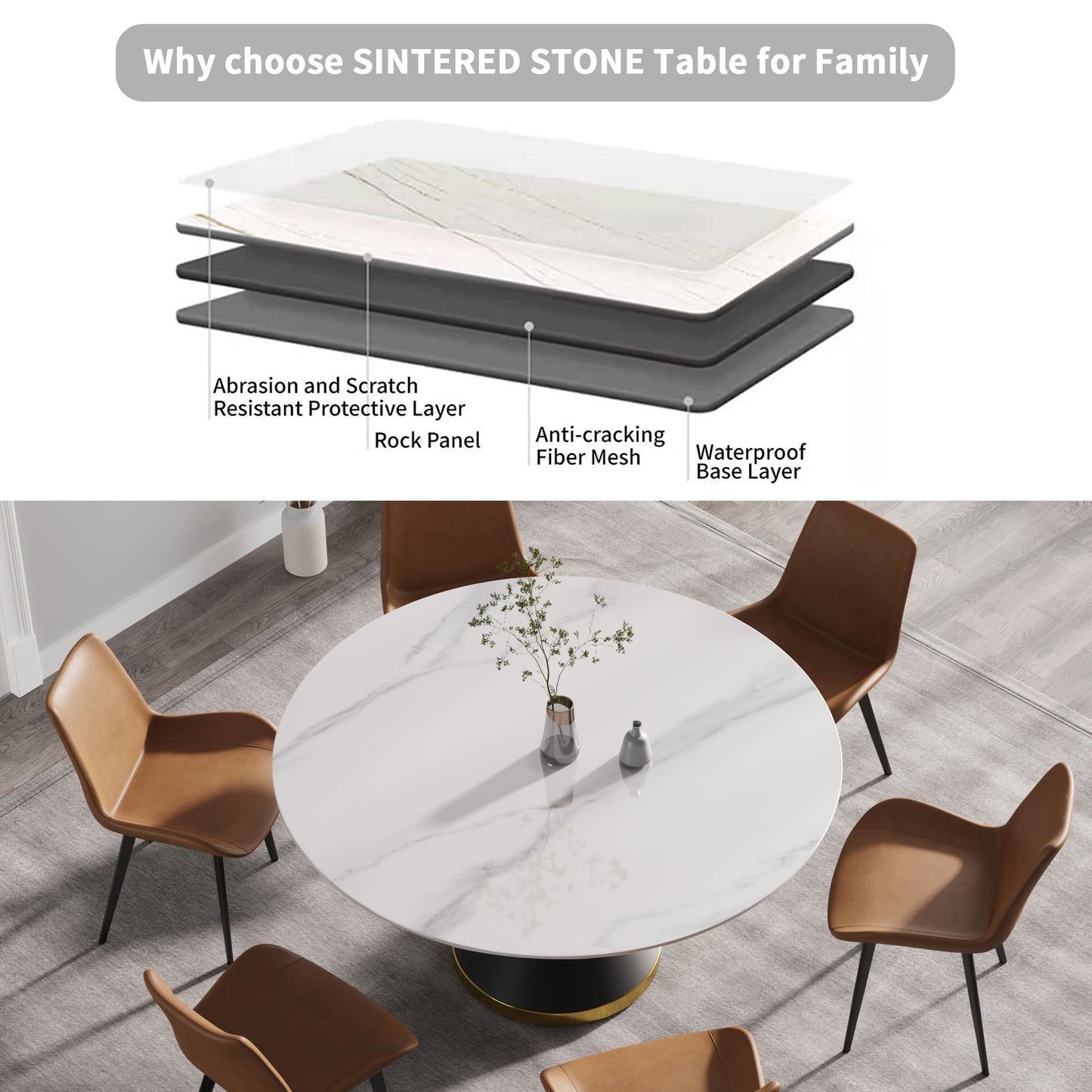 Round sintered stone dining table with white marble veining and a black pedestal base
