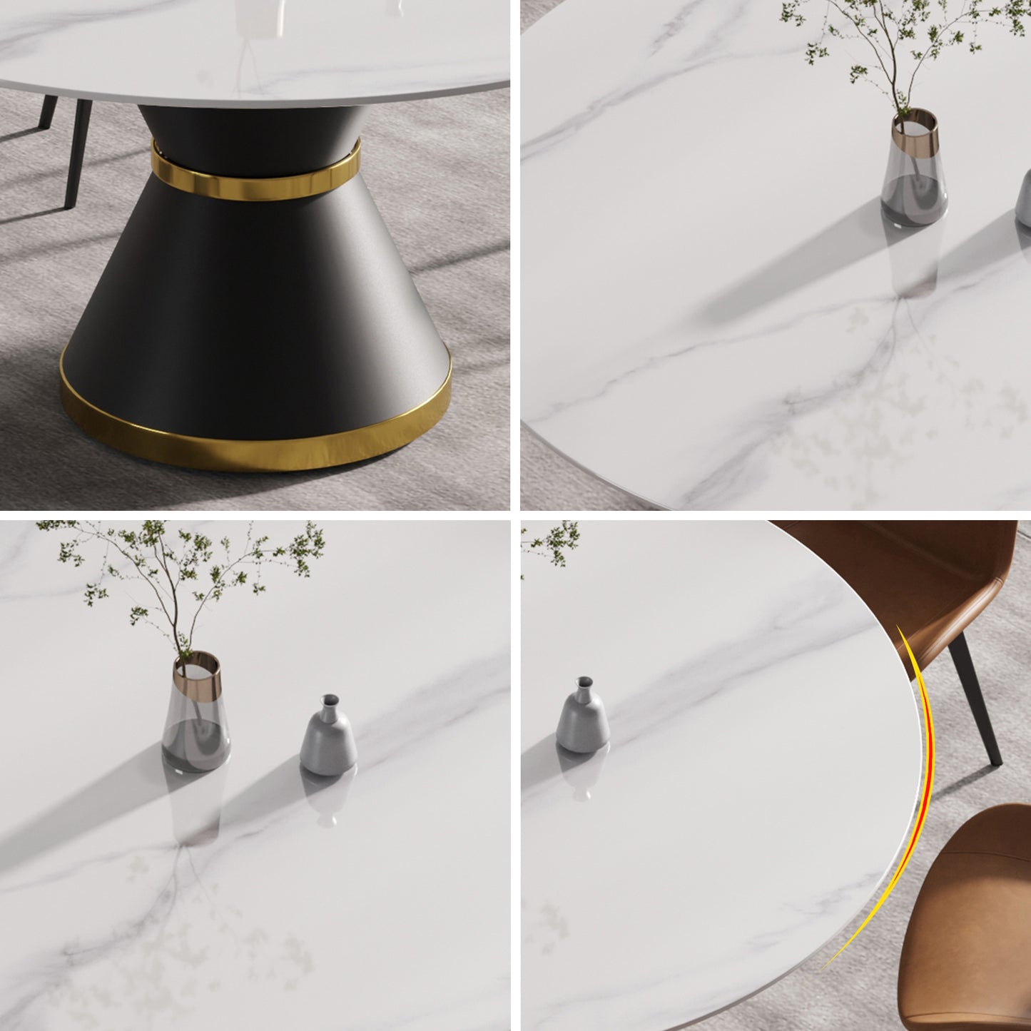 White marble dining table with black and gold pedestal base