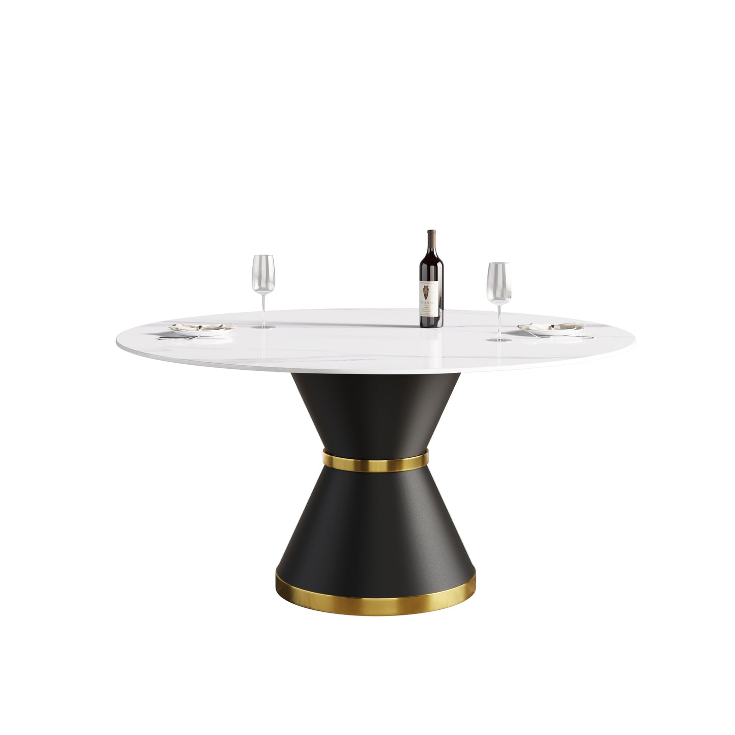 White marble dining table with black hourglass pedestal and gold trim