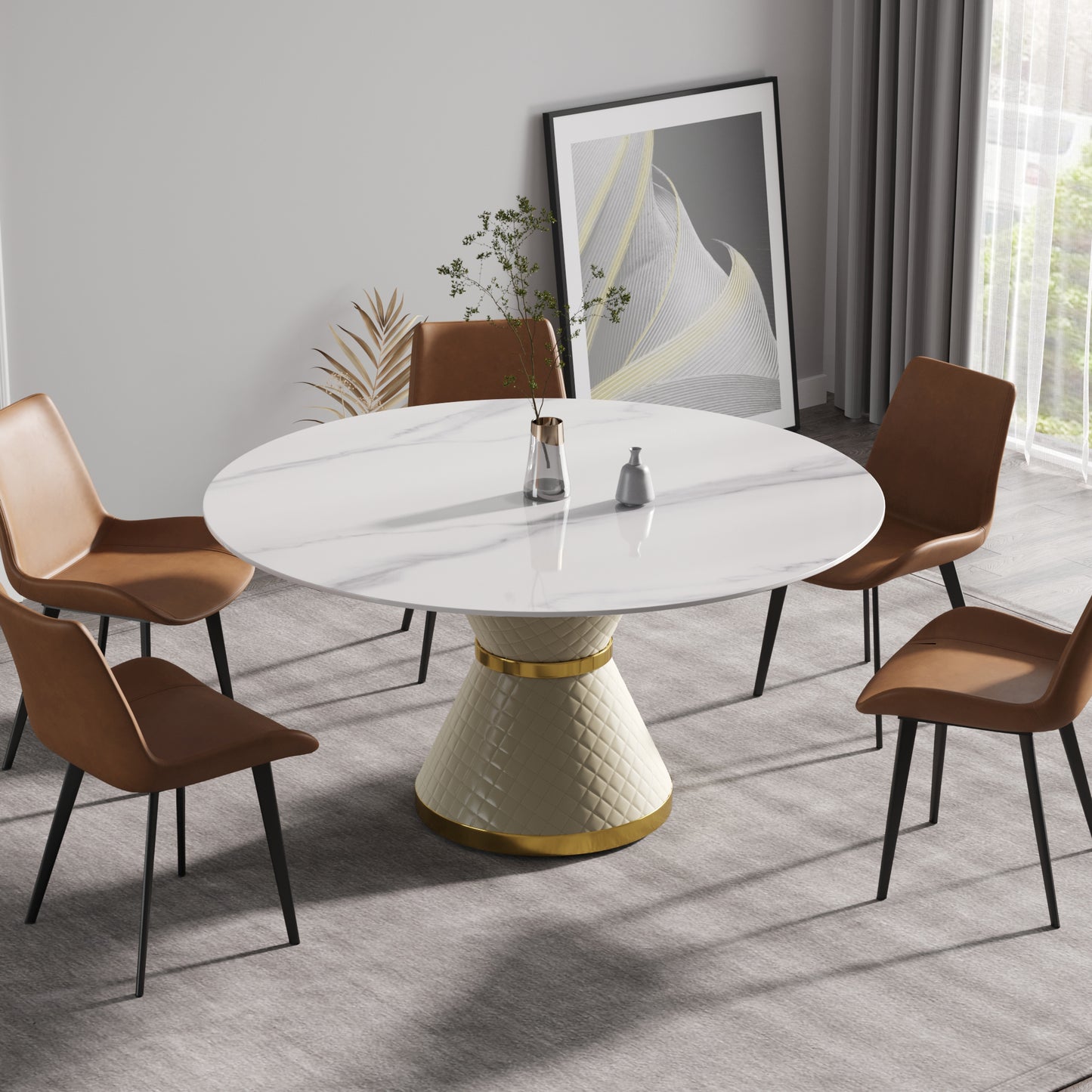 Round marble dining table with quilted ivory base and gold accent