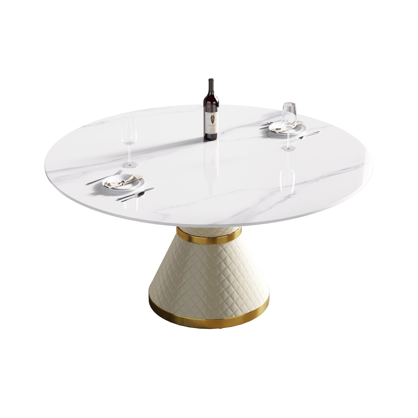 Round marble dining table with tufted cream base and gold trim