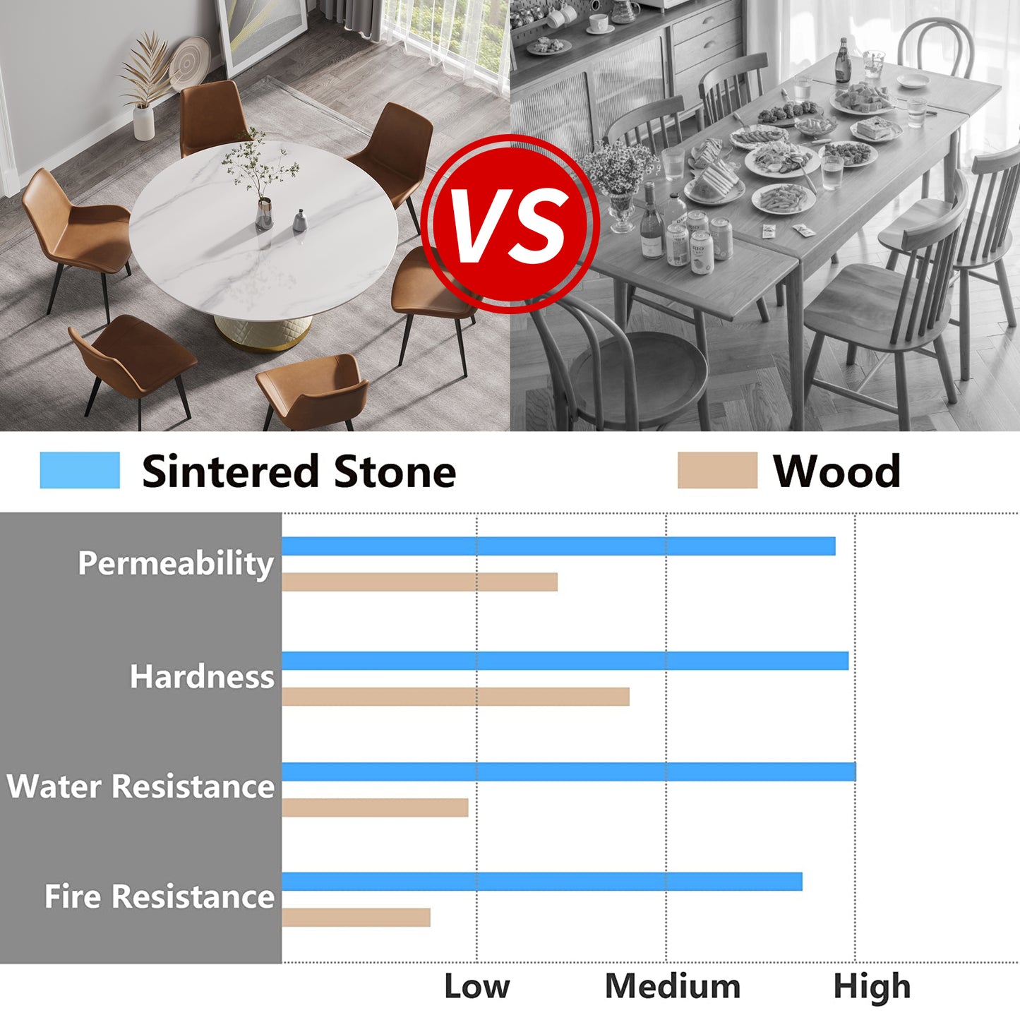 Sintered stone dining table with brown leather chairs in a modern setting